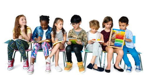 Group of Students Sitting on The Chairs Studying on White Blackground - 5062