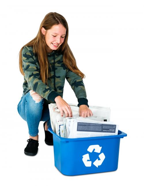 Ecology teenage girl separate trash for recycle - 5145