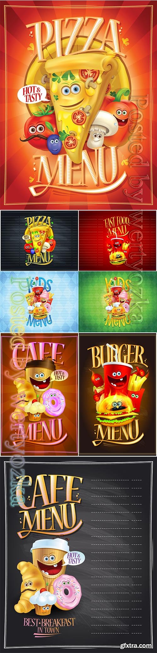 Kids menu list design concept with hot dog, burger, french fries, pizza, donut, ice cream, muffin and drink