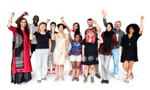 Group of diverse people with their arms raised - 5187