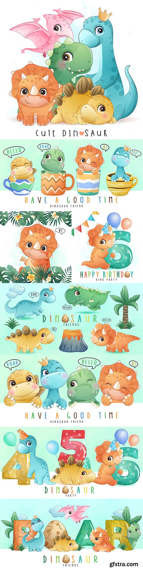 Cute little dinosaur watercolor illustrations collection
