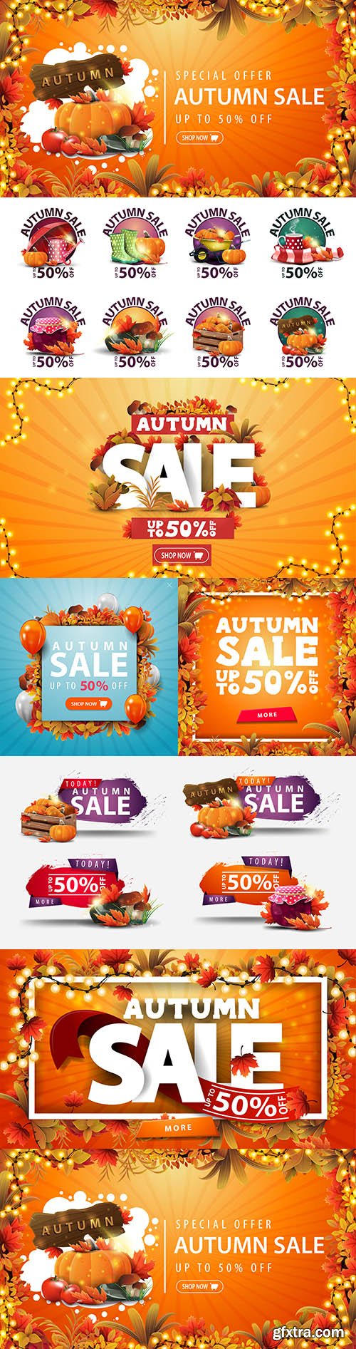 Autumn sale banner leaves around and from bright garland 
