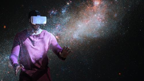 Black man experiencing virtual reality with VR headset - 1219034