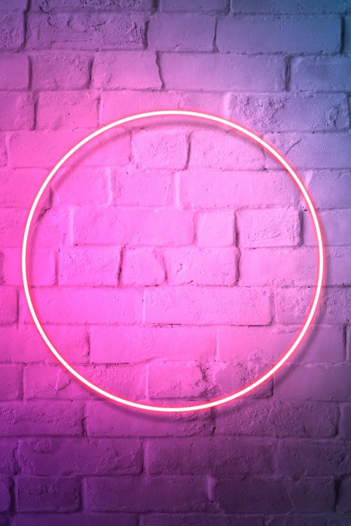 Pink neon lights frame on a white brick wall mockup - 1223347