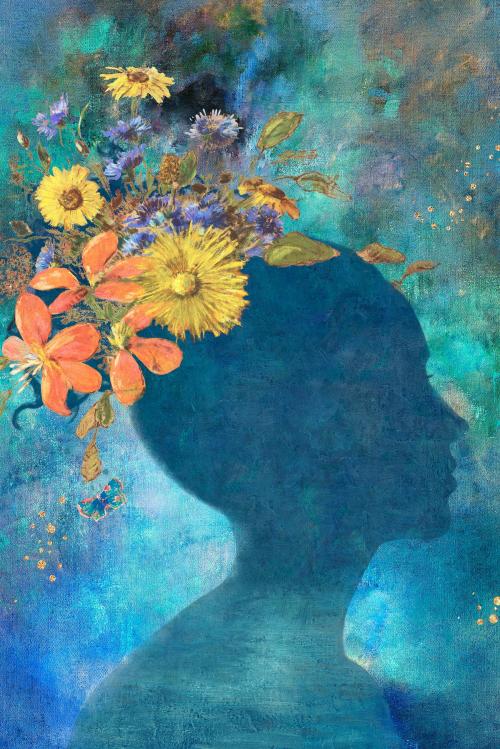 Woman shadow with flowers on blue painting background illustration - 1227834