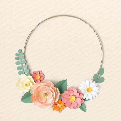 Round gold frame with paper craft flowers mockup - 1204154