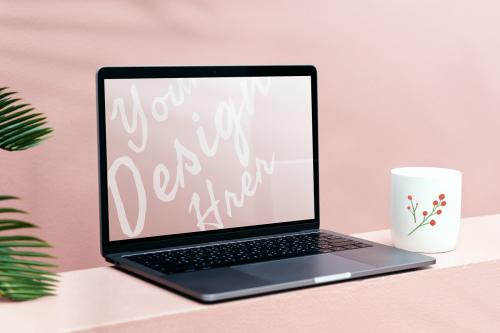 Laptop mockup with a pastel pink wall - 1207444