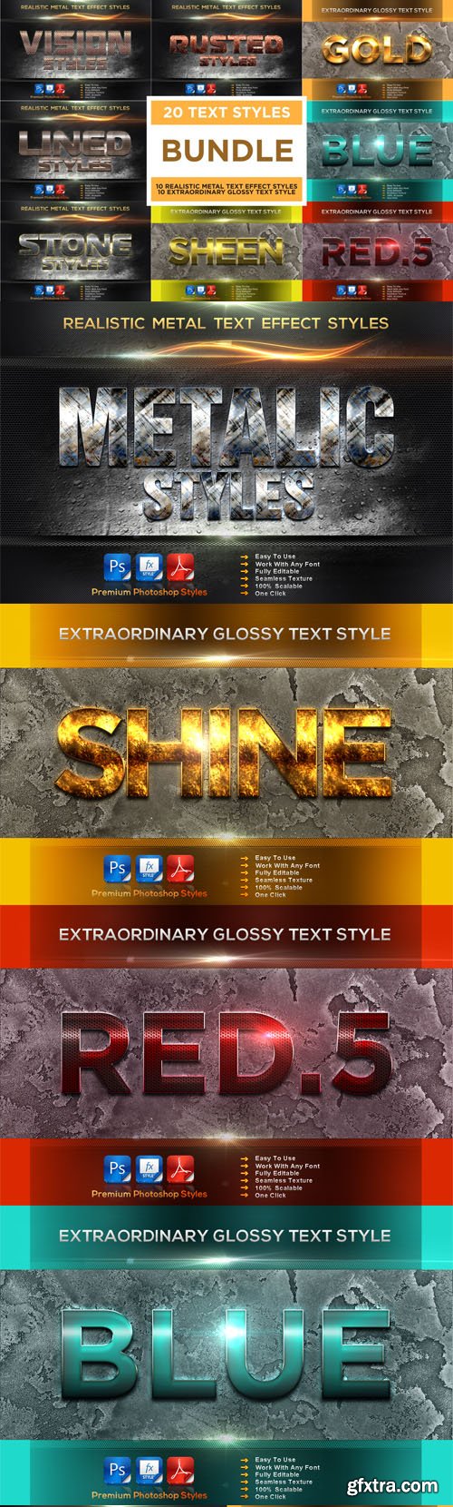 Metal & Extraordinary Glossy Text Effect Styles Bundle - 20 Premium Photoshop Styles