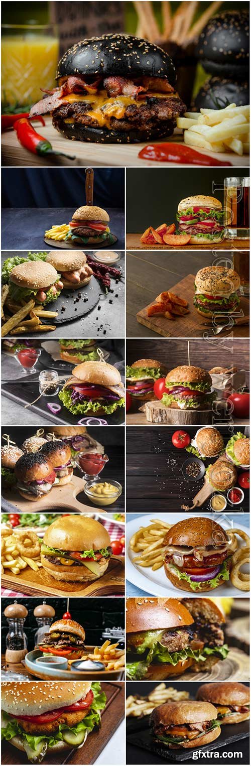 Gamburger with fries, fast food stock photo set