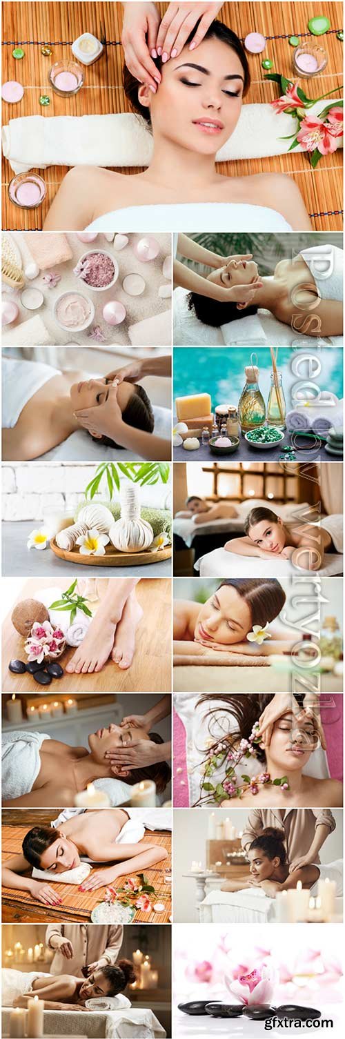 Spa salon, girls and beauty stock photo set