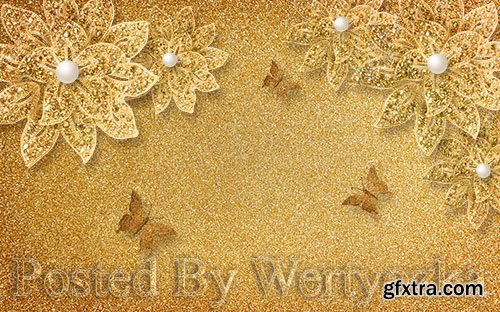 3D psd models luxury broken gold flower pearl butterfly background wall