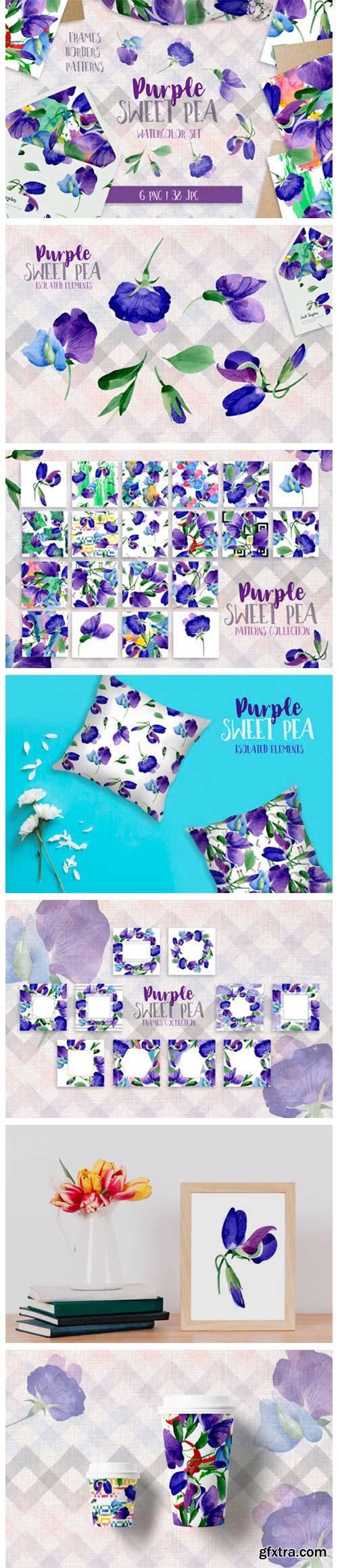 Purple Sweet Pea PNG Watercolor Flower Set 4756648