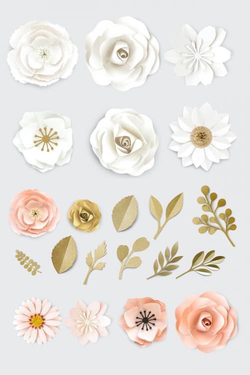 White and pink paper craft flower element illustration set - 1201279