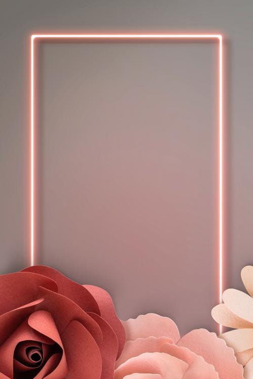 Flower decorated neon frame on a gray wall mockup - 2105431