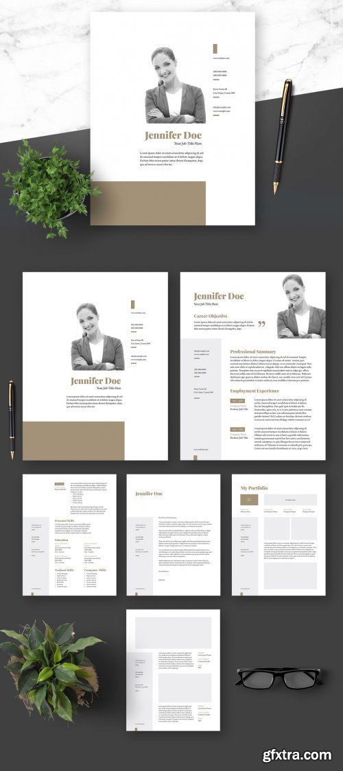 Resume Cover Letter and Portfolio Layout with Gold Elements 364520952