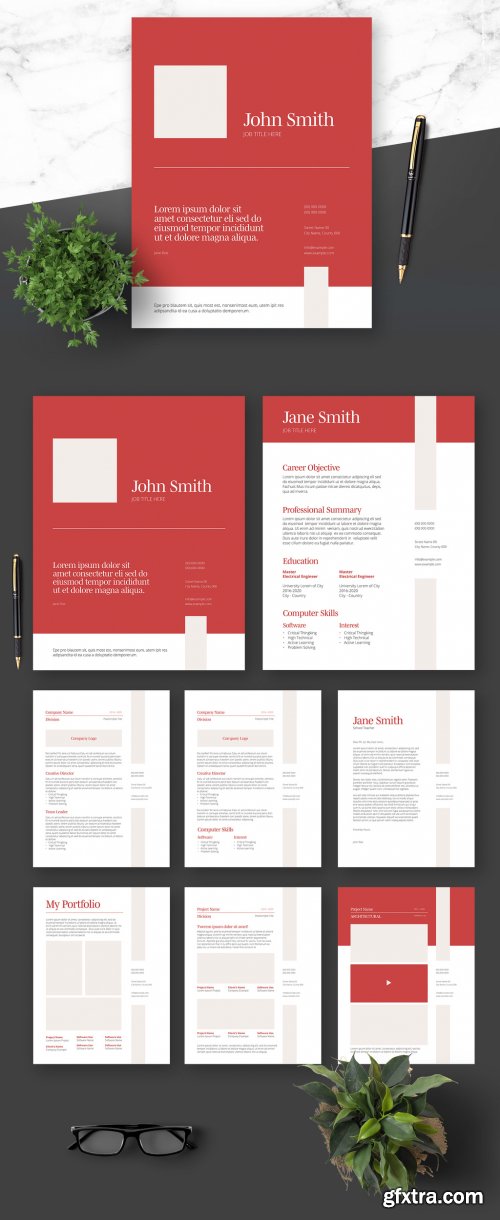 Resume Cover Letter and Portfolio Layout with Red Elements 364520988