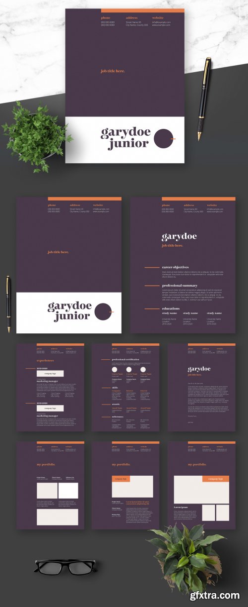 Resume Cover Letter and Portfolio Layout with Dark Pruple Elements 364521024