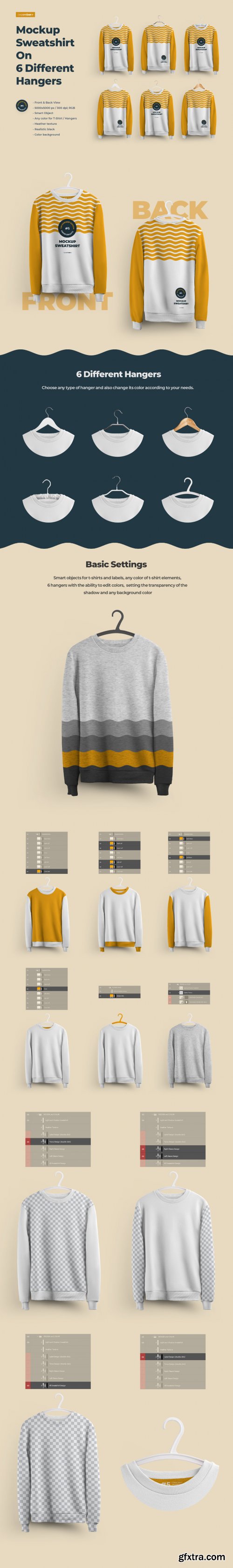 Front and Back Sweatshirt Mockup On 6 different hangers