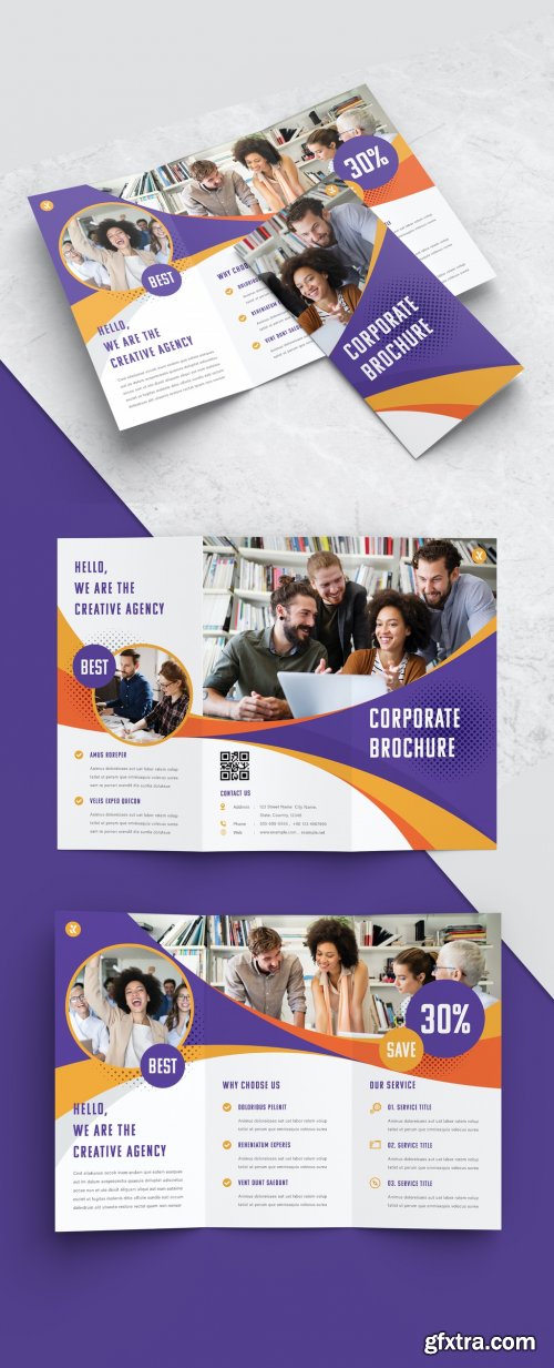 Trifold Business Brochure Layout with Purple and Yellow Accents 366136099