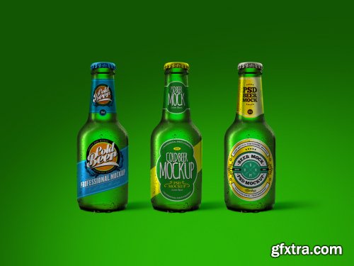 Cold Beer Green Bottle Mockup Set 