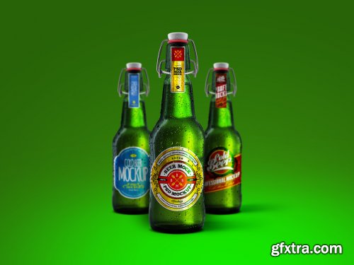 Cold Beer Green Bottle Mockup Set 