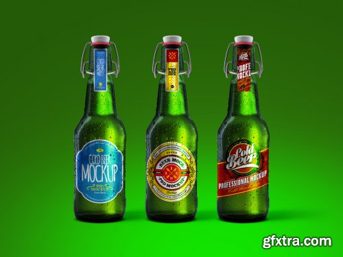 Cold Beer Green Bottle Mockup Set 