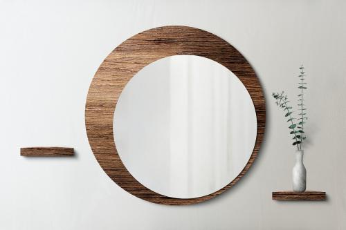 Circle mirror with a wooden backdrop mockup - 2036803