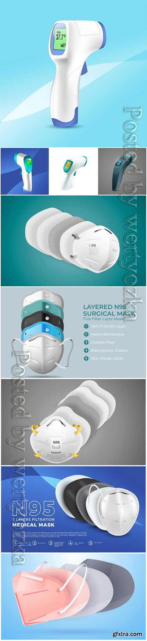 Realistic non-contact infrared thermometer, layered n95 surgical mask vector illustration