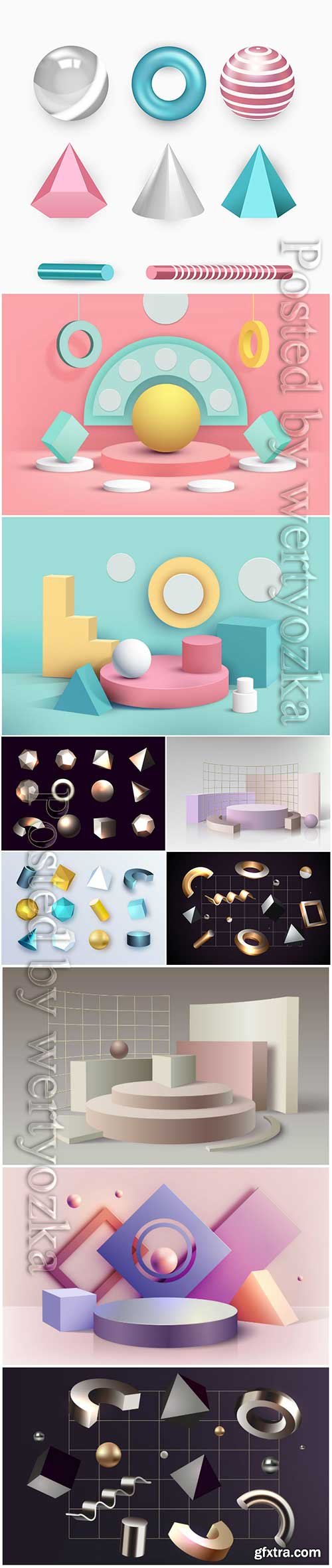 Geometric shapes in 3d effect vector illustration