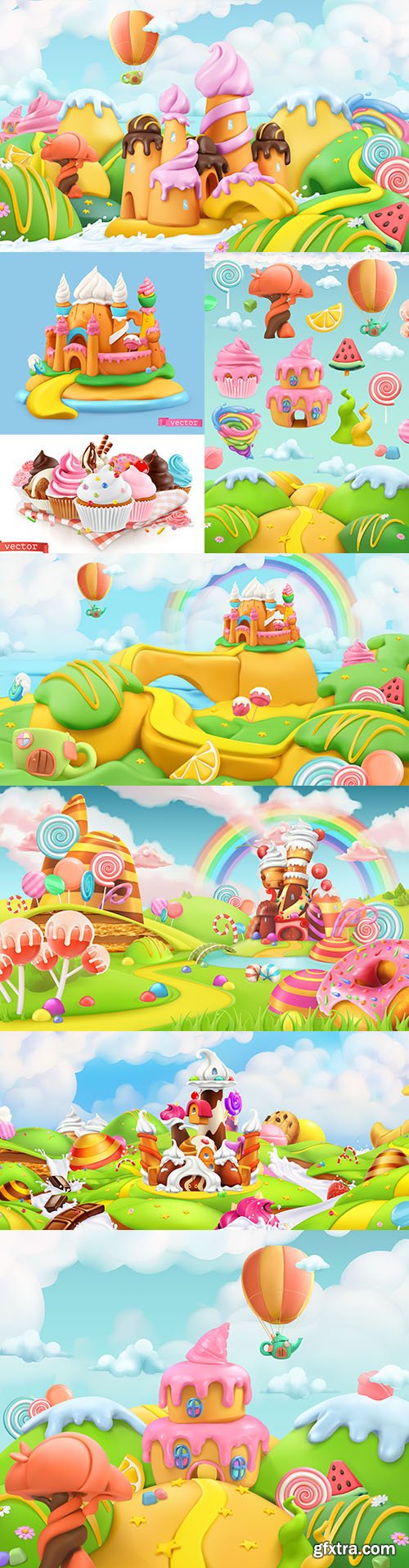 Sweet candy landscape of plasticine 3d realistic illustrations
