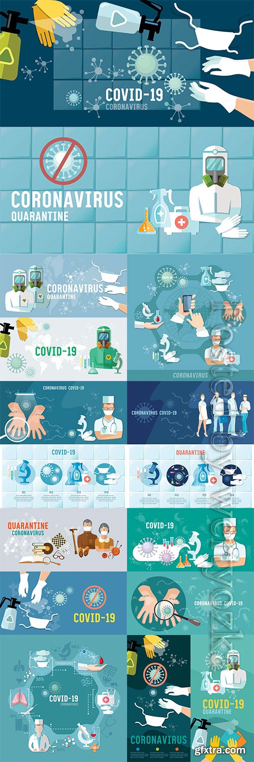 Coronavirus banner, virus infection control, hygiene, medical masks, self-isolation