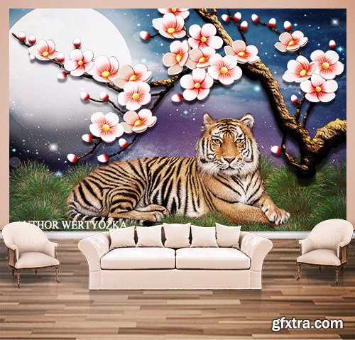 Tiger background wall decors, 3D models template PSD