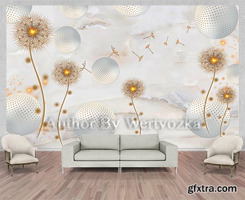 Gold dandelion background wall decors, 3D models template PSD