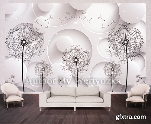 Dandelion background wall decors, 3D models template PSD