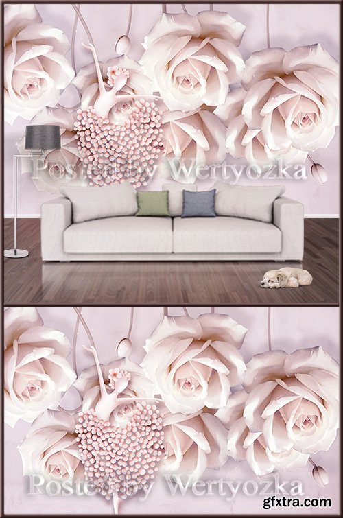 3D psd background wall creative dancer and pink rose