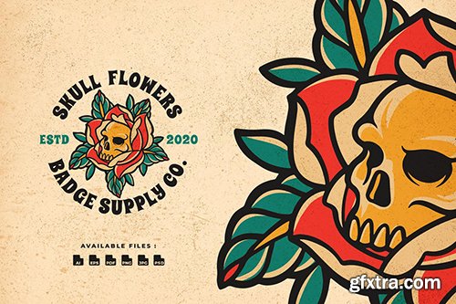 Skull Flowers Badge Logo