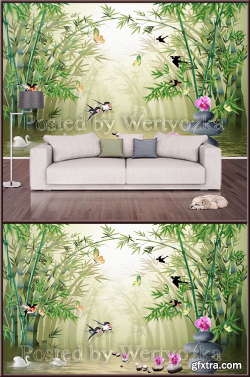 3D psd background wall bamboo spa stones and orchids