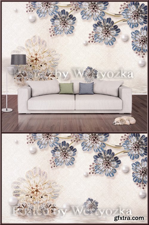 3D psd background wall precious swans blue flowers