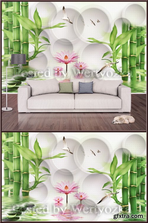 3D psd background wall lotus bamboo