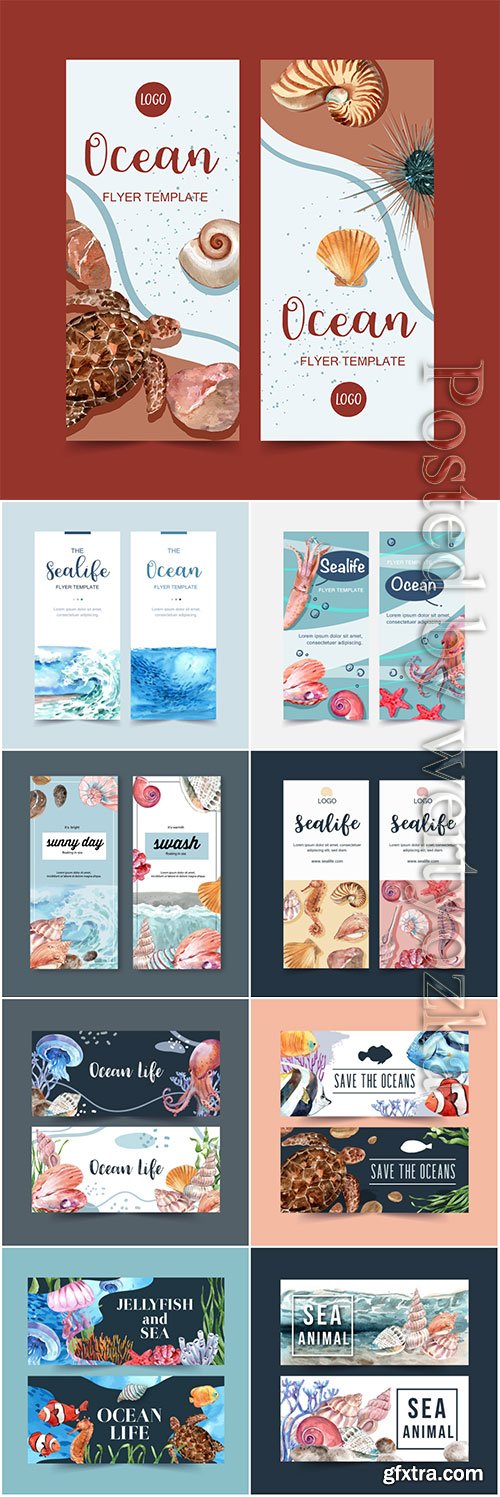 Banner sea concept, watercolor vector illustration template