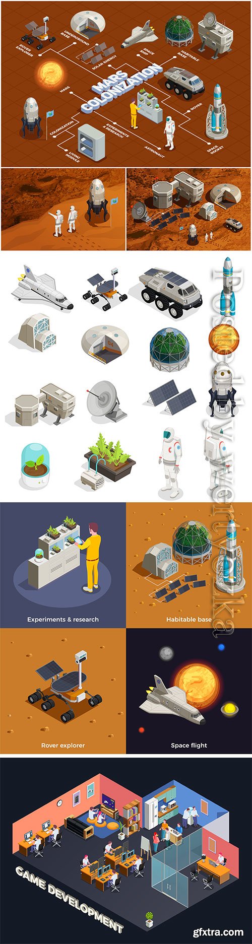 Space isometric set vector illustration template