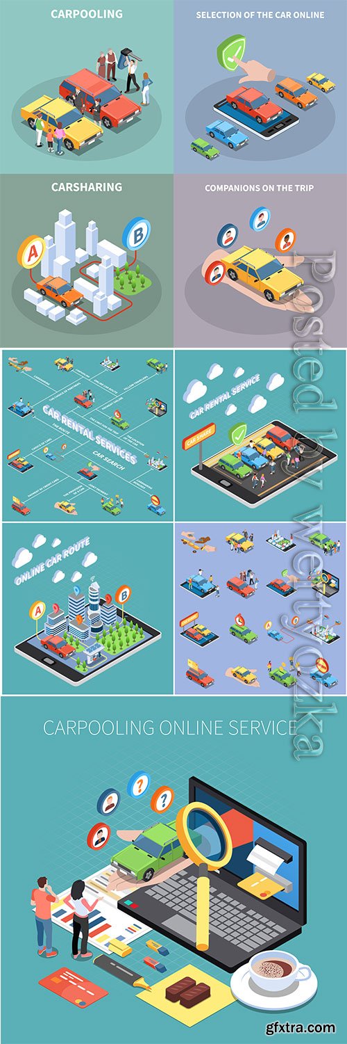 Car sharing and isometric concept with car rental symbols