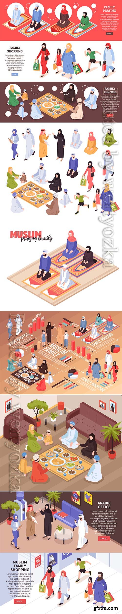 Arab family set with traditional food and shopping symbols isometric