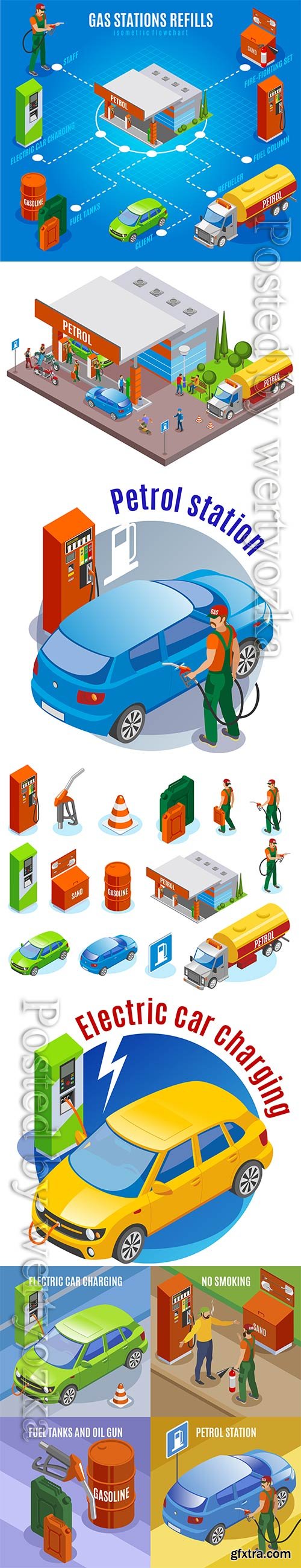 Refueling refills the isometric concept with compositions of automobile images of fuel tanks