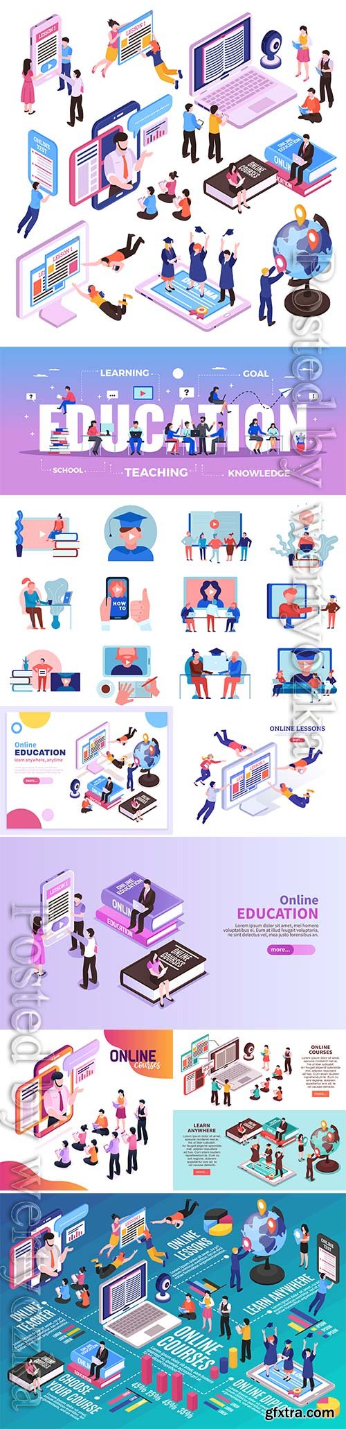 Online training vector infographics layout with electronic devices students