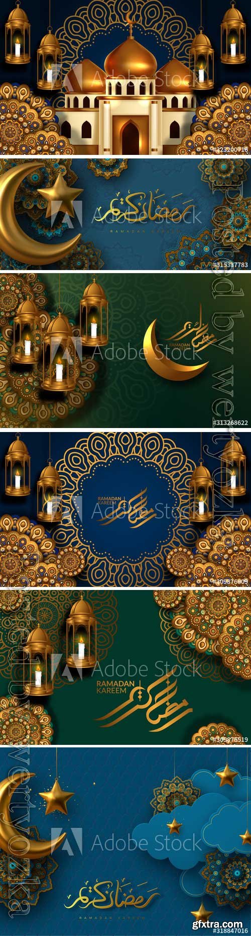 Ramadan Kareem vector card with 3d golden stars,  arabic calligraphy