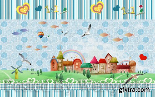 3D psd models modern minimalist cartoon animation children's room background wall decoration painting