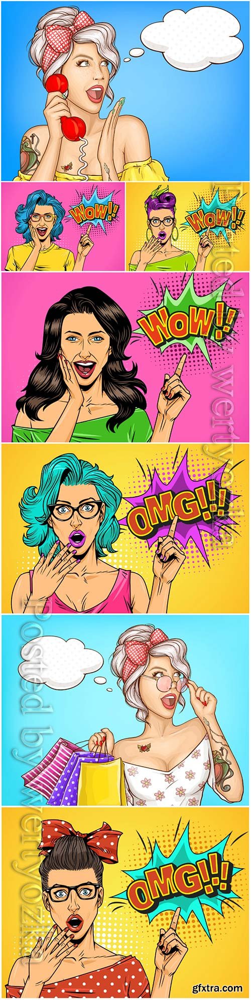 Comic pretty girl on halftone vector background