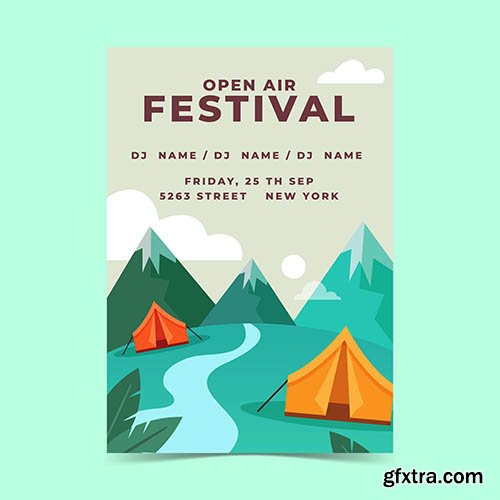 Open air music festival poster template with mountains 