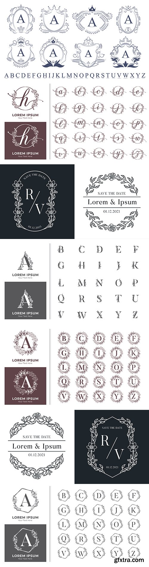 Decorative luxury monogram alphabet with floral framesxA;